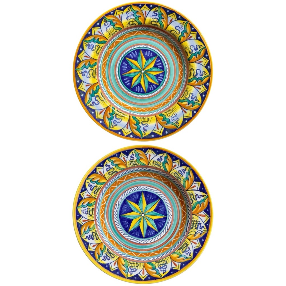 Vintage Italian Majolica Wall Plate Set Pair Hand Painted Geometric MCM Italy
